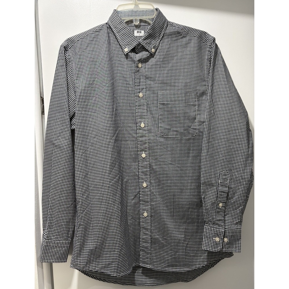 Uniqlo Mens S Black Gingham Checked Broadcloth Long Sleeve Button Down ShirtNWOT